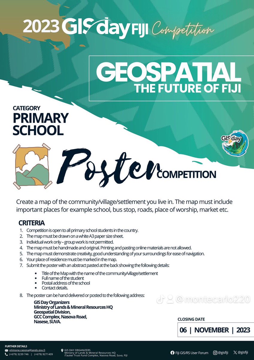 RaqonaV's tweet photo. GIS Day 2023 - Fiji Islands !

Take part in the competition and win cool prizes ! https://t.co/i3DfYFq2ms