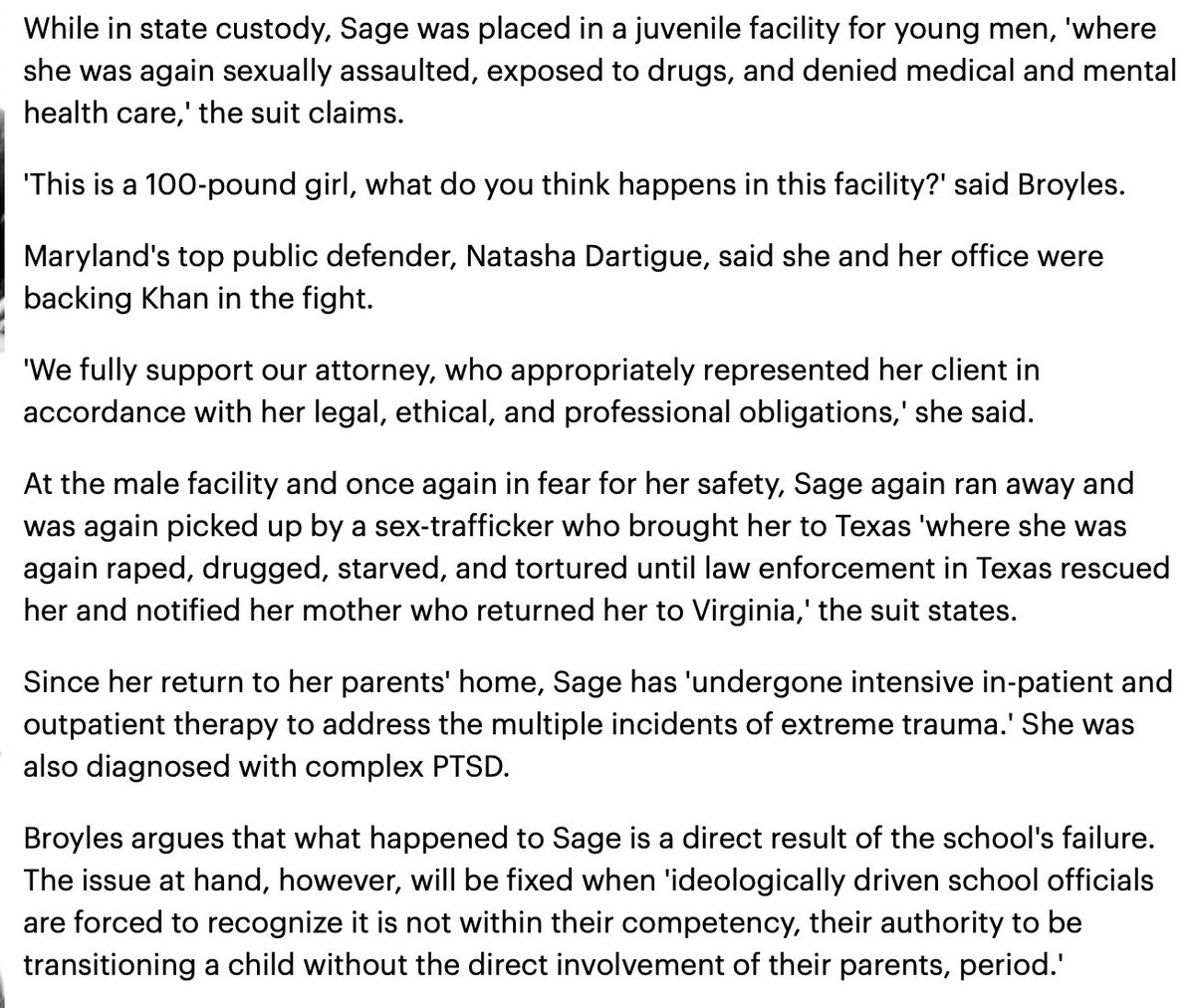 How far has trans mania gone? 

Virginia school "transitions" a girl without parents knowing.

She gets threatened with sexual assault for being in the boys bathroom, which the school encouraged her to use. 

She runs away, gets kidnapped and raped by multiple men.

When rescued,