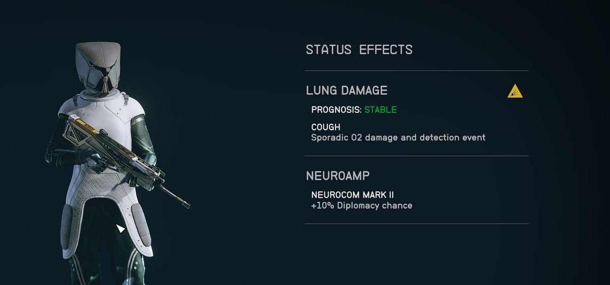 One of the most amazing things about Starfield, is that not only does your char cough when you get lung damage, but it's also so real. Unpredictably, the controller will rumble, camera will tilt down, lose focus, and then ya hear the cough.

Feels like we're covid buddies.