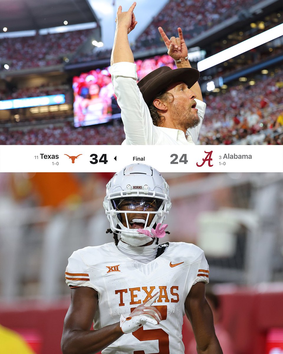 Texas takes down Alabama in Tuscaloosa 🚨

The Longhorns' first road win vs. an AP Top 3 team since 1969 🤘