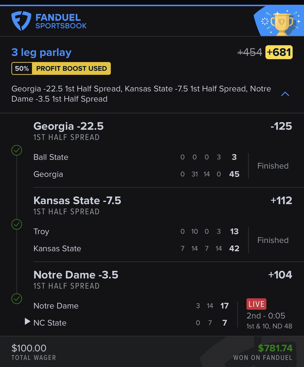 HunchOfBets's tweet photo. Had a day in college football today man let’s go!!🔥🔥
✅$100–>$781
✅$100–> $687
✅$25–>$121
✅$100–>$278

#GamblingX #GamblingTwitter https://t.co/na9mE42KXX