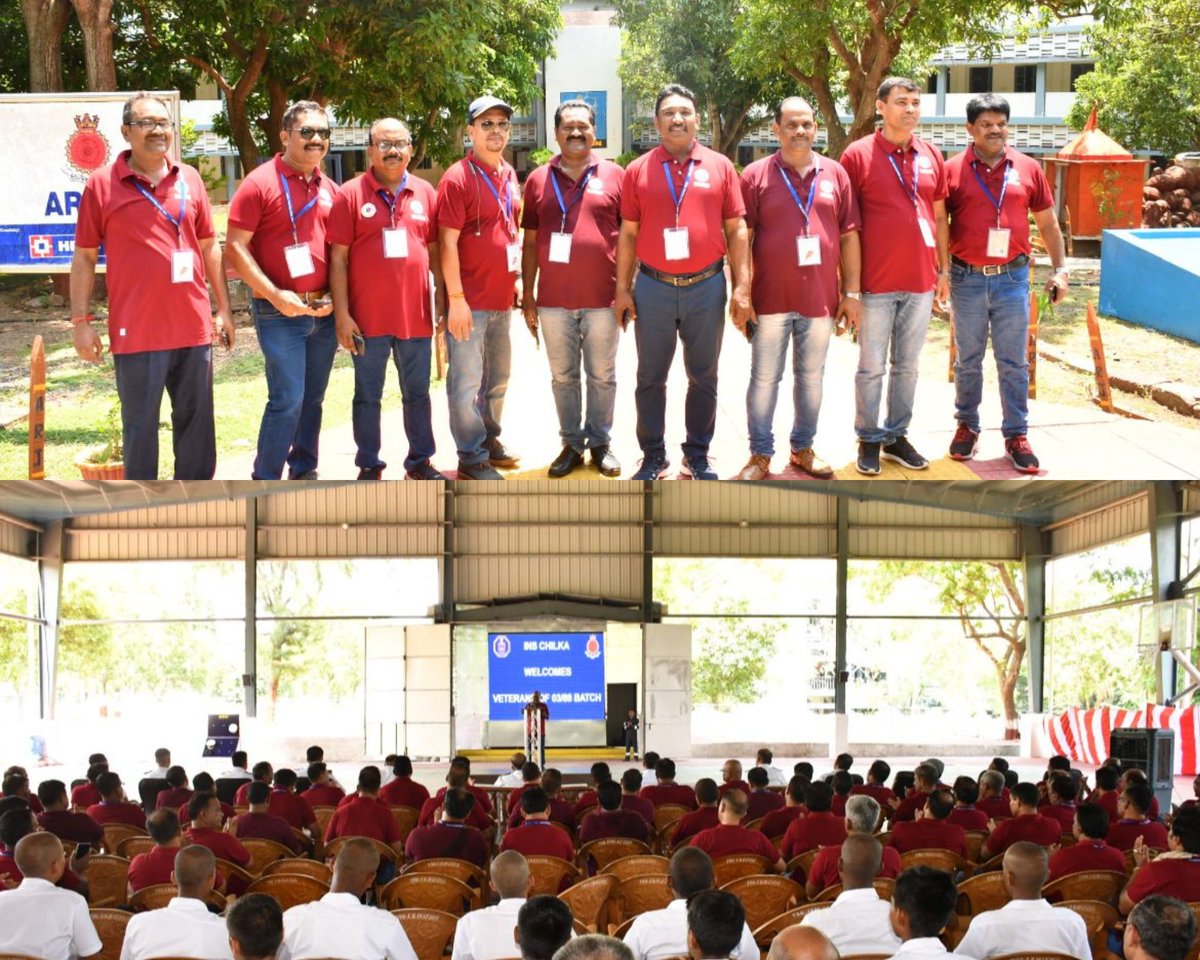IN_Chilka's tweet photo. Honouring the Alma-mater, the
Veteran sailors of batch 03/88 from INS Chilka paid a special visit today! 🤝 Sharing their inspiring stories and experiences with the Agniveer trainees, and guiding the way forward. 🚢👏 🙌 #INSChilka #VeteranSailors https://t.co/jLXiGkmAr0