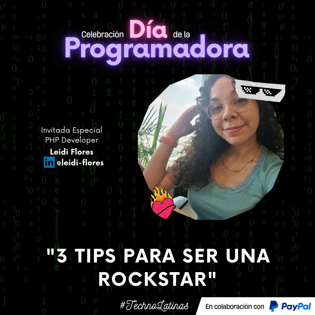 ¿Listas para otro emocionante anuncio? @leidie_dev se une a las increíbles speakers que nos acompañarán en la celebración del #DiaDeLaProgramadora compartiendo experiencias e inspiración en el panel "3 tips para ser una Rockstar" 👩‍💻🚀
<a href="/PayPal/">PayPal</a> #TechnoLatinas #WomeninTech