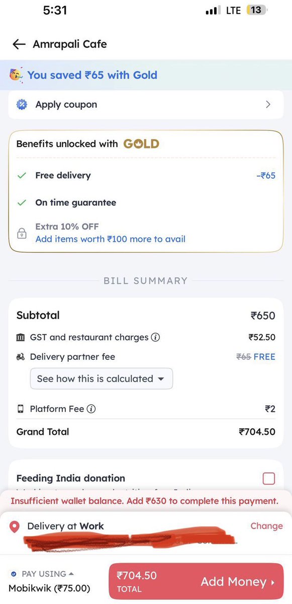 Ashish79824200's tweet photo. @zomato see the dual nature of zomato 
Inspite of having gold memberships 
We need to pay extra for order , then what’s the benefit of taking gold membership 
#Shame on zomato https://t.co/y9A0A0BzvA