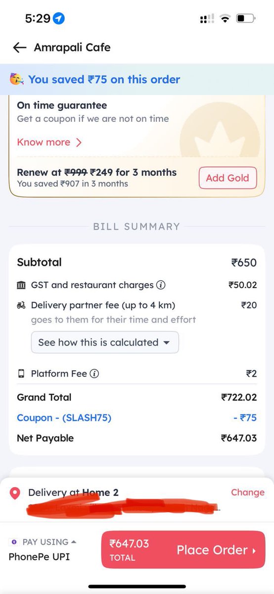 Ashish79824200's tweet photo. @zomato see the dual nature of zomato 
Inspite of having gold memberships 
We need to pay extra for order , then what’s the benefit of taking gold membership 
#Shame on zomato https://t.co/y9A0A0BzvA