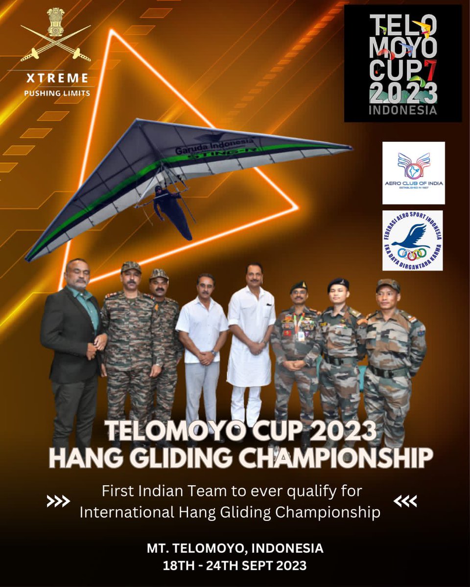 भारतीय हैंग ग्लाइडिंग टीम ने Telomoyo Cup 2023 के लिए सबसे पहले क्वालीफाई कर इतिहास रच दिया है। 

भारत Telomoyo Cup 2023, International Hang Gliding Championships में खेलेगा, जो इस महीने 18 से 24 सितंबर तक इंडोनेशिया में होने वाला है।

सम्पूर्ण देश को गौरवान्वित करने वाली इस