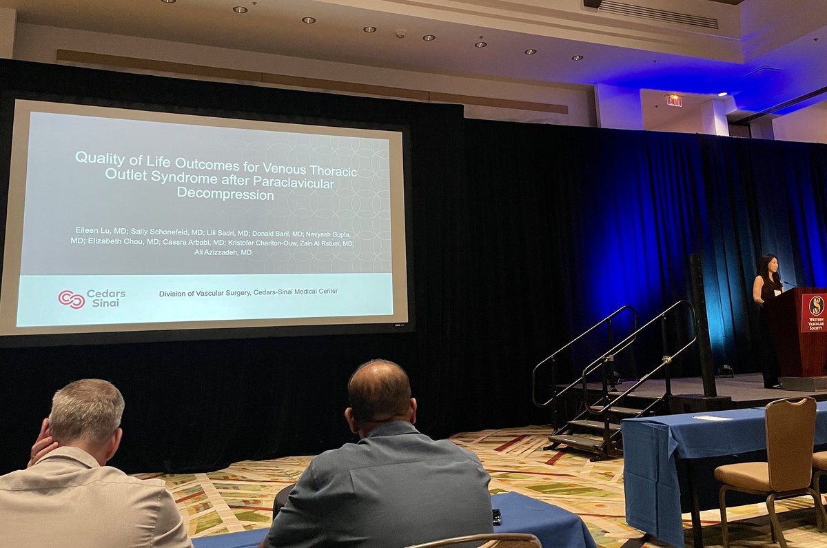Dr Eileen Lu @EileenLuMD presents QOL outcomes for venous thoracic outlet syndrome #TOS after paraclavicular decompression @WestVascular @VascularSurgCS @SallySchonefeld @LiliSadri @DonaldBaril @LizChou @AortophilicMD @NavyashGupta @CharltonOuwMD #WVS2023