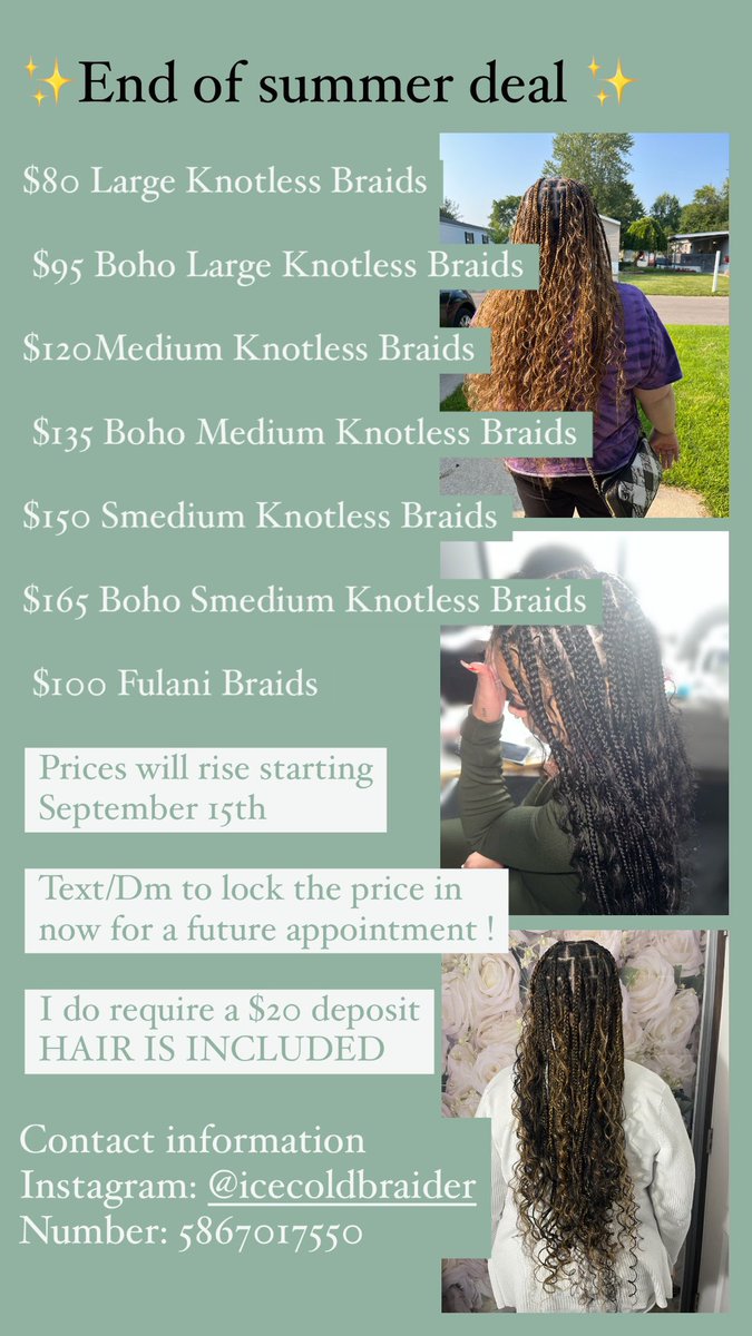 baybeeicesis's tweet photo. ✨BOOK NOW✨
The appointment doesn't even have to be for this week!
It just has to be booked and deposit sent by the 15th to lock these prices in.
Hair does need to be washed and blow dried.
If interested and /or any questions text me 5867017550 or dm with the style and date you https://t.co/FNGdxfrdIV