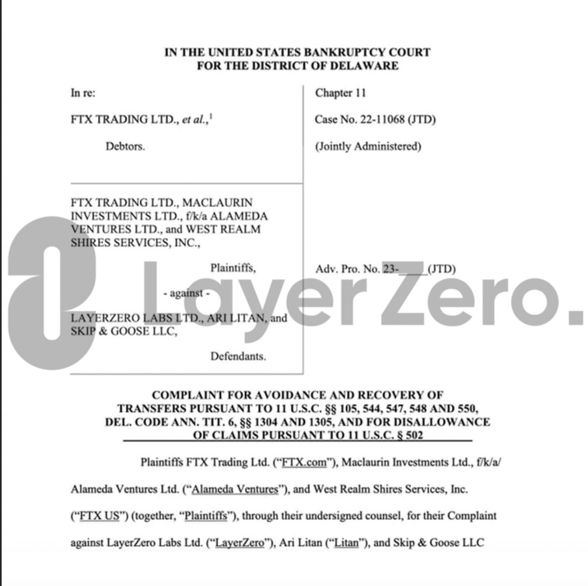 💥 FTX Files Lawsuit Against LayerZero Over Asset Withdrawal 💥

In a surprising turn of events, FTX has taken legal action against LayerZero, citing an unprecedented cause: the withdrawal of $20 million from the FTX exchange just before its apparent collapse, all due to alleged