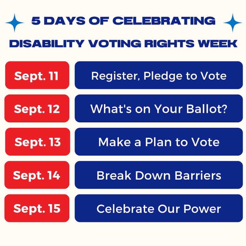 IllinoisSJA's tweet image. Join us September 11-15 to celebrate Disability Voting Rights Week! We want to see you REV UP … Register, Educate, Vote &amp;amp; ,use your Power! #RevUp #DisabilityVote #DisabilityPower #DVRW2023 
@AAPD