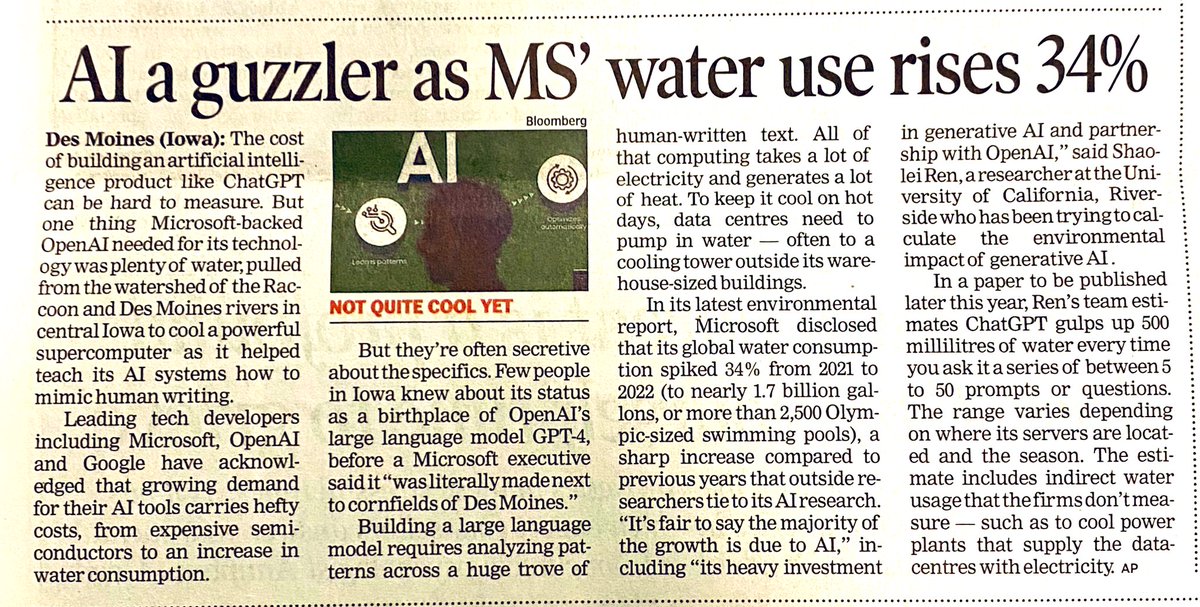 #AI and all its wondrous new applications isn’t going to be nice and clean and green; at least not just yet…big or small, the machine process generates heat, requires cooling, like any biochemical process. #environment #water #GlobalWarming #technology