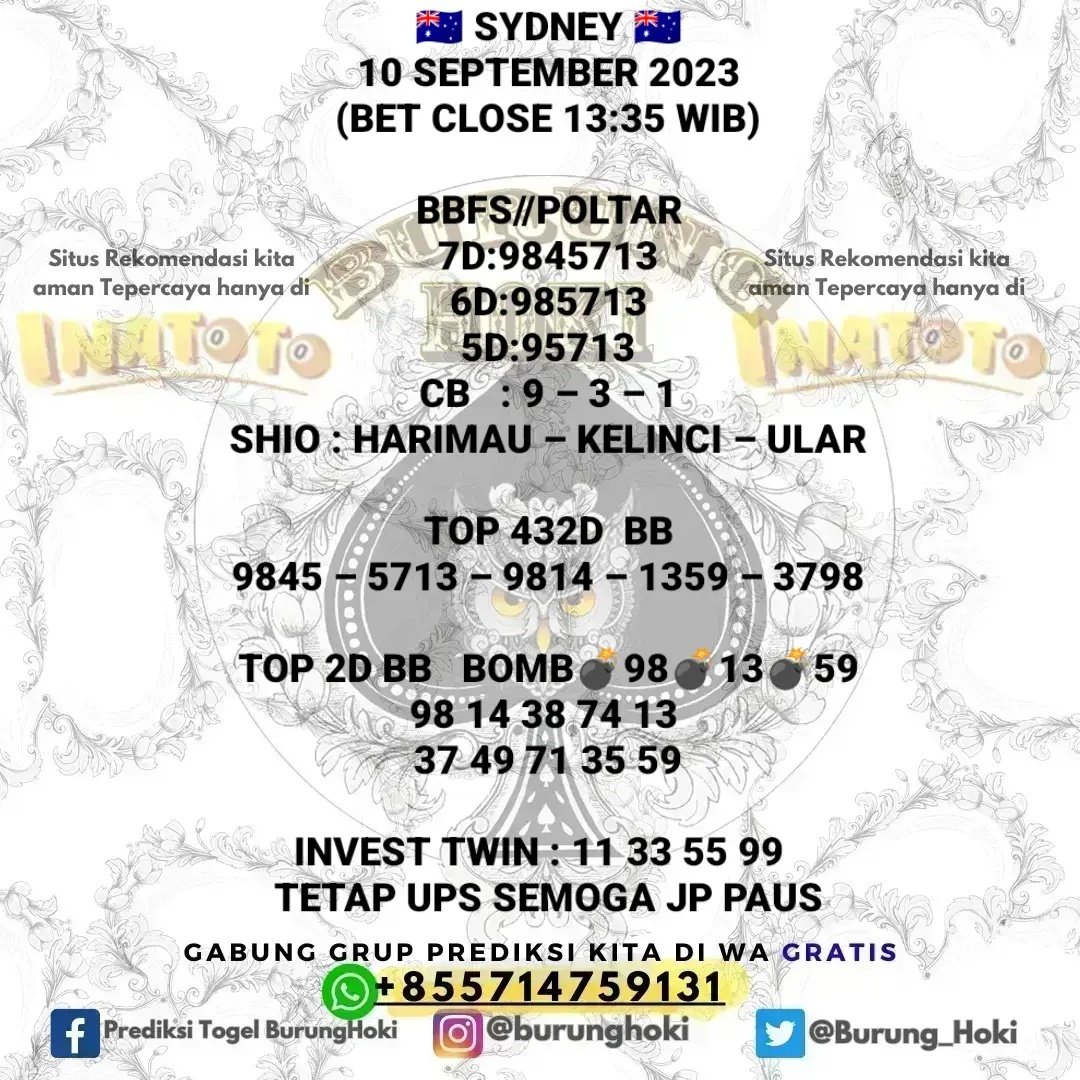 Burung_Hoki's tweet photo. Prediksi BurungHoki untuk (SYDNEY 10/09/2023)
Jadikan perbandingan Tetap Utamakan Prediksi Sendiri.
Join Group dan situs terpercaya? silakan cek profile saja ya guys

#inatogel #prediksitogel #bocorantogel #togelovers #togelsydney #togelsdy #prediksisdy #angkajitu #angkatogel https://t.co/c3grXV9zpf