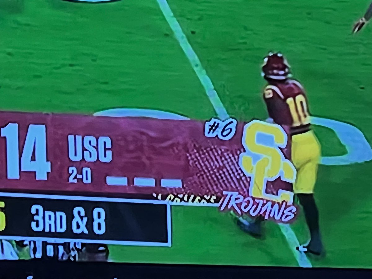 Saw this at the start of game and many TDs ago, but c’mon <a href="/CFBONFOX/">FOX College Football</a>, fix the SC logo. Got lazy with the background of the S. Basic graphics.
 #fighton #beatthefarm #uscfootball