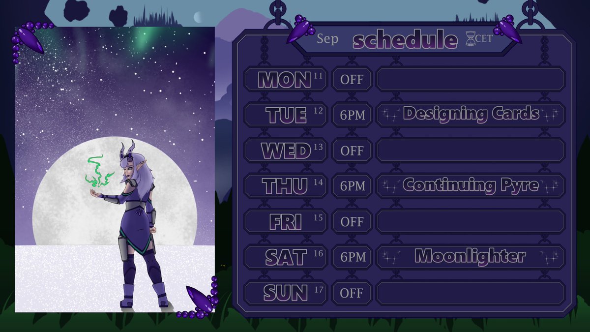 ColdxNorth's tweet image. Hello everyone~! This week's schedule looks like this!  We'll be working  on joker cards on Tuesday, inch closer to the end of Pyre on Thursday,  and continue Moonlighter on Saturday! I hope to see y'all around :D  #VTuberUprising  #streamer