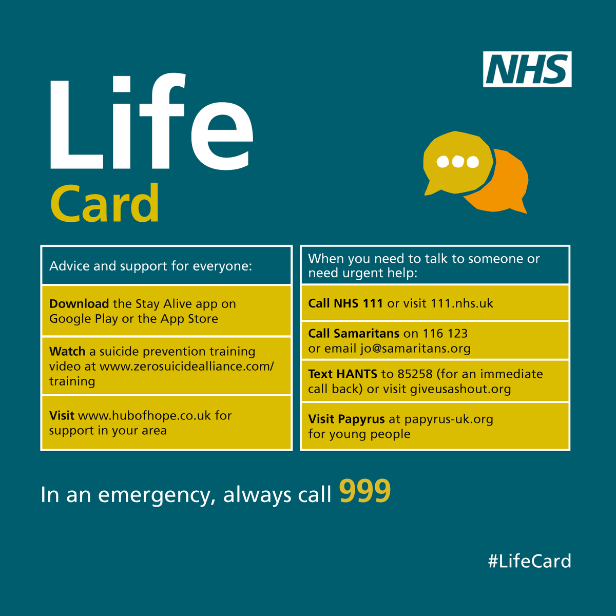 Today is #WorldSuicidePreventionDay, if you or a loved one have suicidal thoughts, do you know where to go for help? 💬 For mental health support, visit: southernhealth.nhs.uk/LifeCard #LifeCard #SuicidePrevention #WSPD23 @Southern_NHSFT