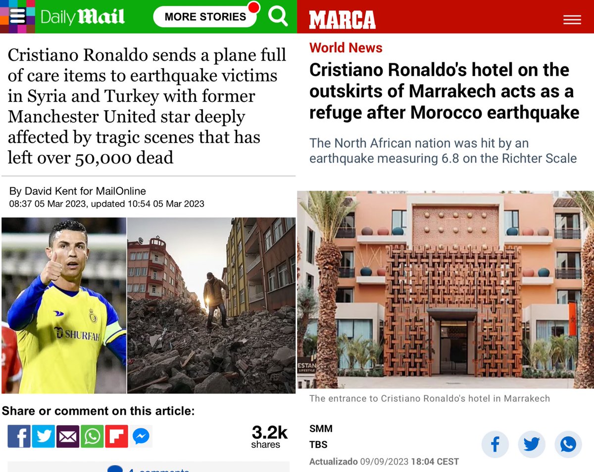 Earthquake in Türkiye and Syria? He sends a plane full of supplies.

Earthquake in Morocco? He offers his hotel in Marrakesh as shelter for earthquake victims.

Cristiano Ronaldo is always there for people in need. 
Big respect 👏🏻