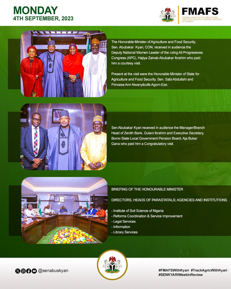 Mrr_Essy's tweet photo. HON. MINISTER OF AGRIC & FOOD SECURITY, SENATOR ABUBAKAR KYARI’S WEEK IN REVIEW
4th September - 7th September, 2023
#SenKyariWeekInReview
#FMAFSWithKyari #TrackAgricWithKyari https://t.co/BypVLCi0qA