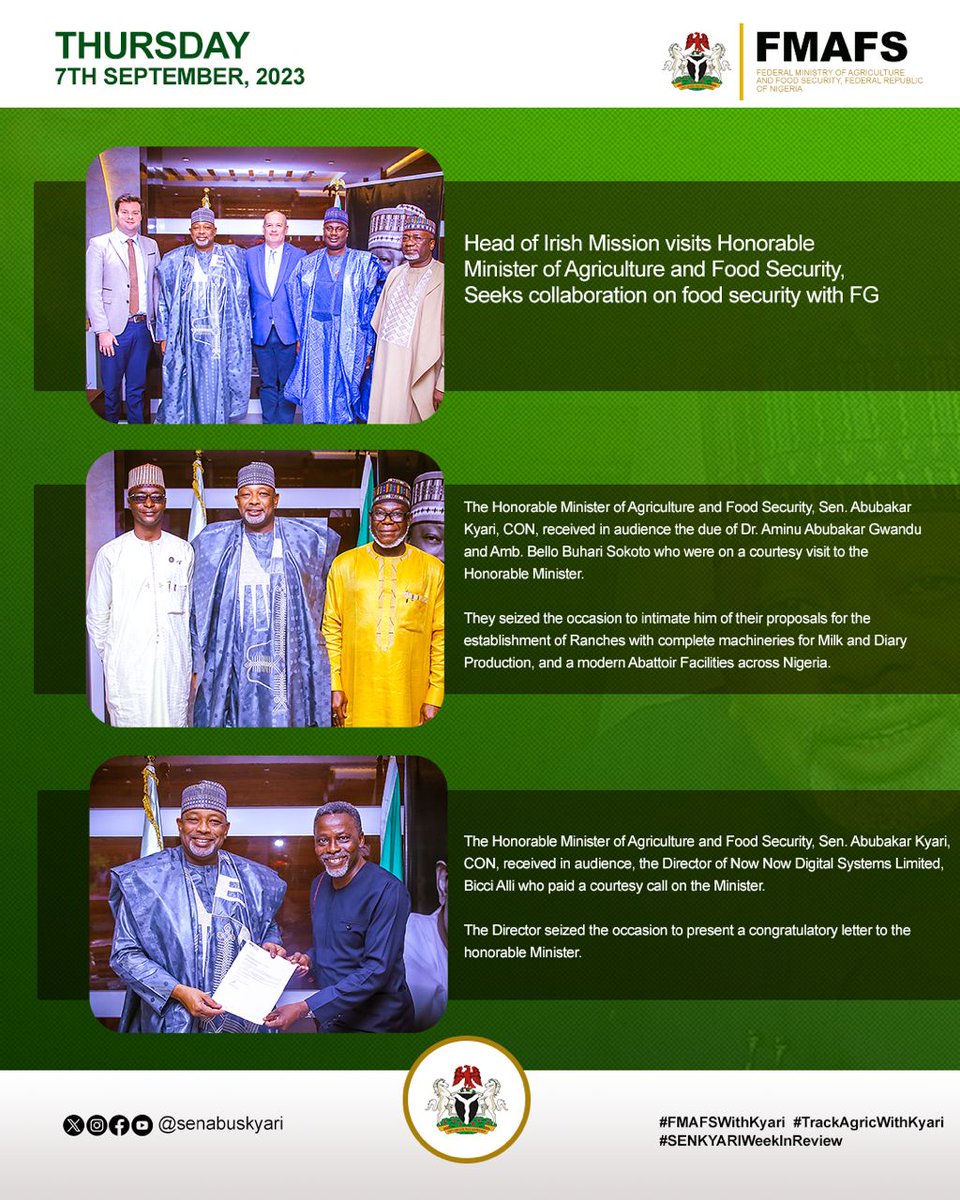 Mrr_Essy's tweet photo. HON. MINISTER OF AGRIC & FOOD SECURITY, SENATOR ABUBAKAR KYARI’S WEEK IN REVIEW
4th September - 7th September, 2023
#SenKyariWeekInReview
#FMAFSWithKyari #TrackAgricWithKyari https://t.co/BypVLCi0qA
