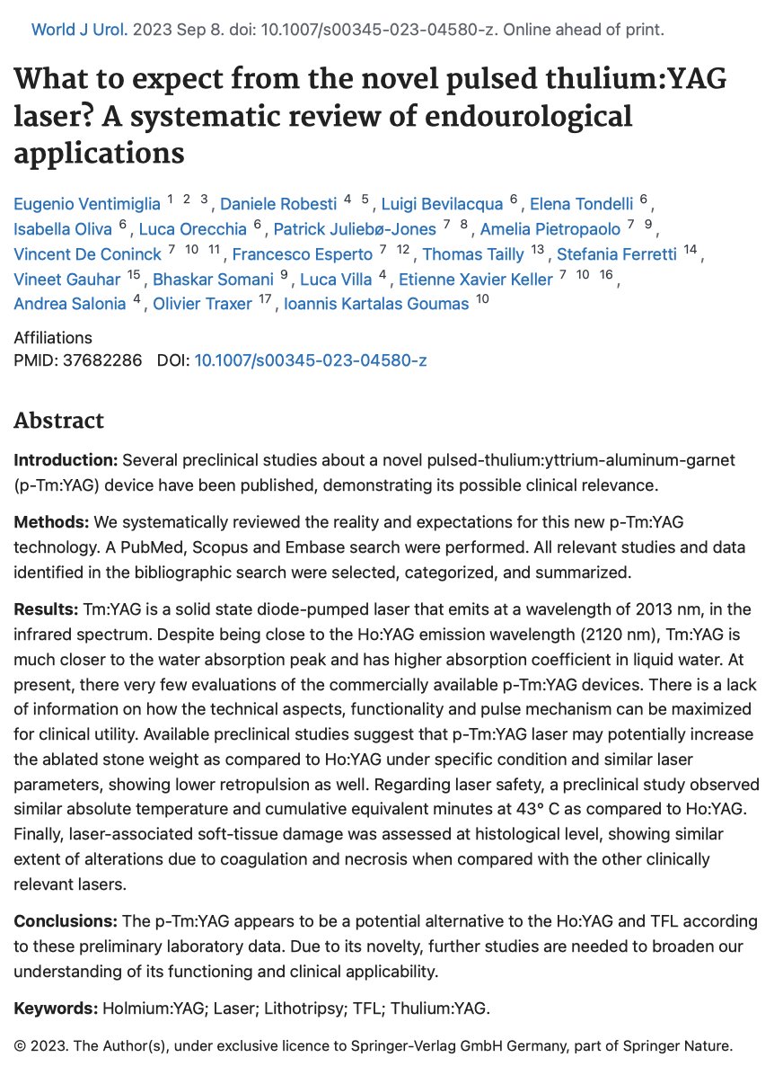 Just published👉 What to expect from the novel pulsed thulium:YAG laser? A systematic review of endourological applications. doi: 10.1007/s00345-023-04580-z Trying to understand from the literature the first feedbacks on the new kids on the block! Great work @eug20miglia !…