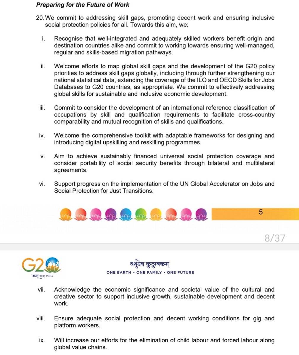 #G20 declaration on the #futureofwork. Very week commitments, nothing on #JustTransition and #SocialDialogue. 
Unsurprisingly. #India went as far as organising a fake #Labour20 summit with yellow unions. A missed opportunity for a decent work agenda for #peace and #equality