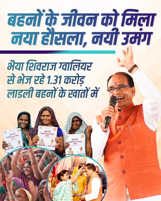 बहनों के जीवन को मिला नया हौसला, नयी उमंग।  

भैया शिवराज ग्वालियर से भेज रहे 1.31 करोड़ लाडली बहनों के खातों में ₹1269 करोड़ की राशि। 

#शिवराज_की_लाड़लियां