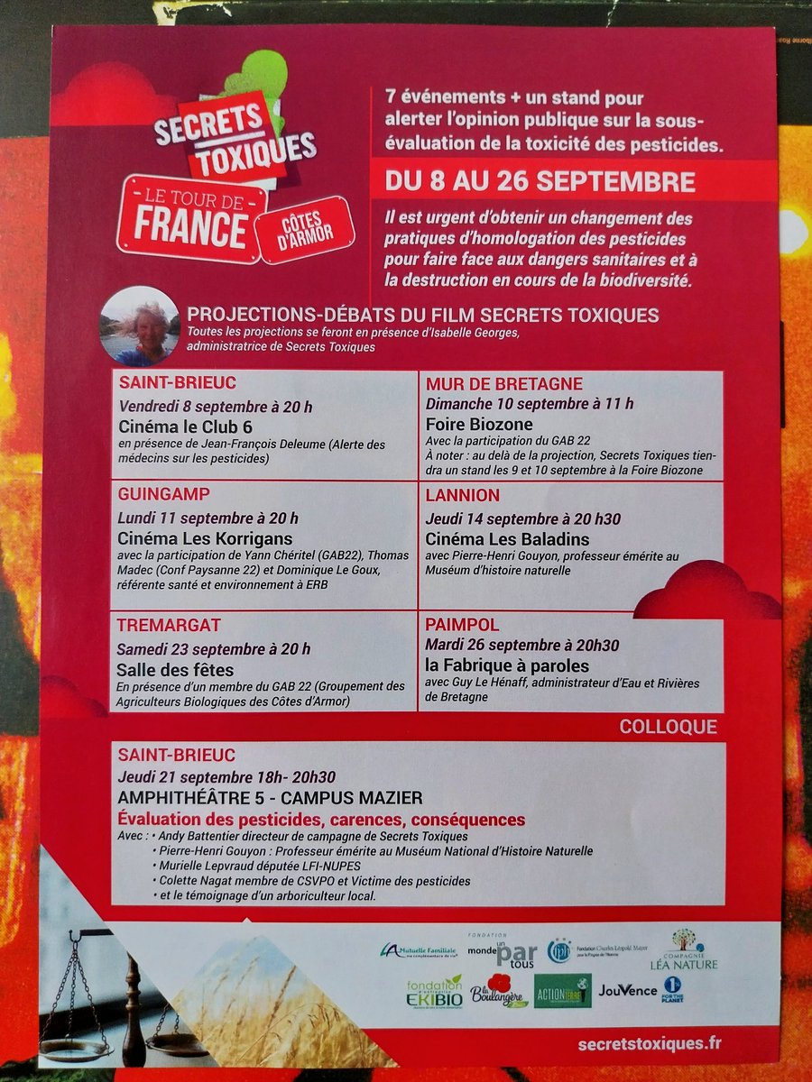 VictorienFaber's tweet photo. 🌲🤝 Documentaire "@SecretsToxiques" au cinéma Club 6 à Saint-Brieuc ce 8-09-2023. Des informations d'utilité publique sur la sous-évaluation de la toxicité des pesticides. Une nécessité d'obtenir un changement des pratiques d'homologation.

https://t.co/A02jGqaz4R
#biodiversite https://t.co/2vC9uSbjiD