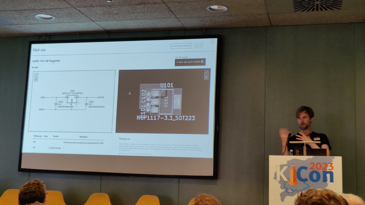 Kaspar also shows a mockup of EDeA: An Open Platform for Easily Reusable Subcircuits, read more here: blog.edea.dev/introduction/ #kicon2023