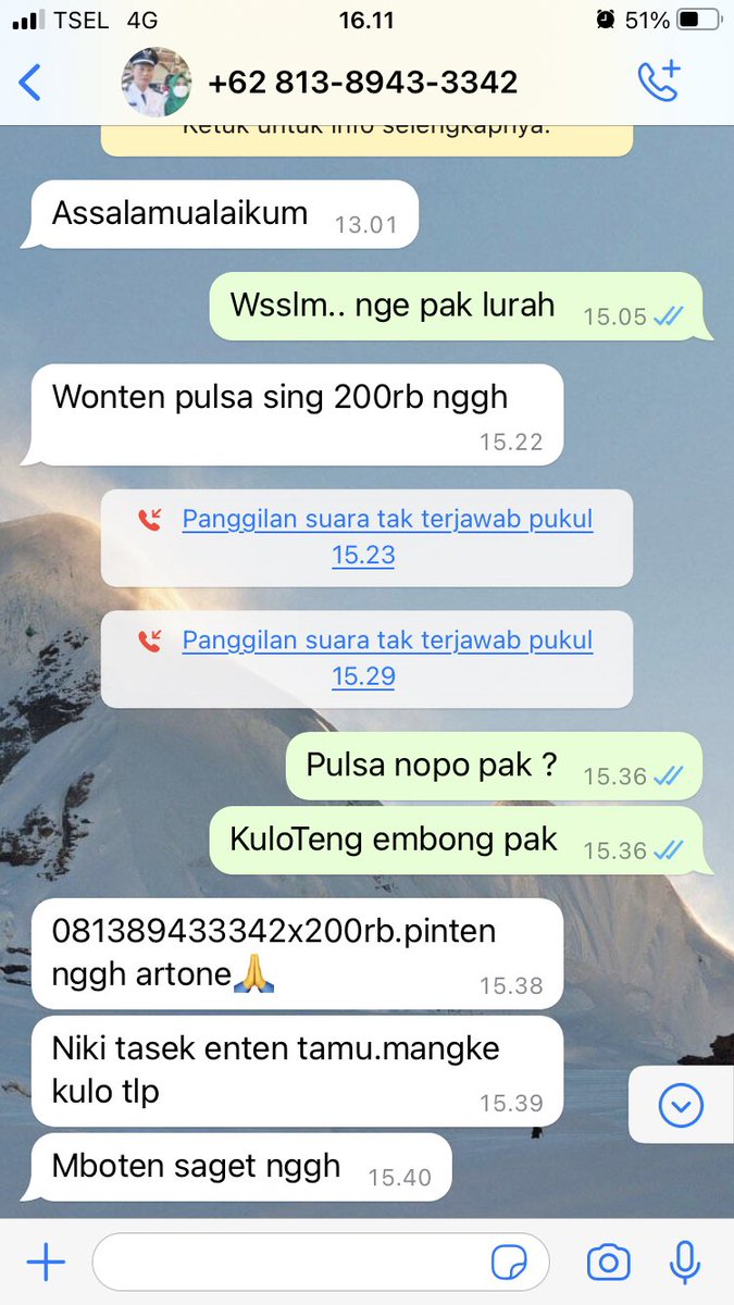 NovalGunawan10's tweet photo. @Patroli_Siber +62 813-8943-3342 nomer ini mencurigakan pak. Dia minta uang pulsa mengatasnamakan pak lurah di kampung saya https://t.co/cKPNLWHlid