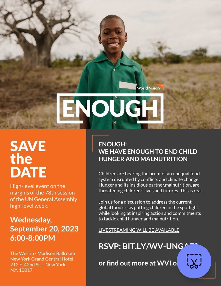 #ChildHunger is a phenomenon that can derail our development & undo the gains made in achieving specific #SDGs. @WorldVision is launching the #ENOUGHCampaign on child hunger.
@ChidoCleoMpemba @AmbSamate @AU_HHS @MTotoNews @AUC_MoussaFaki @antonioguterres @AfricanChildFrm #UNGA78