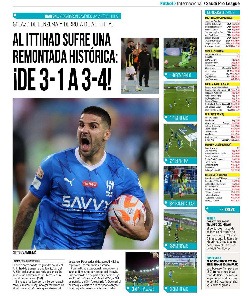 الماركا الاسبانية :

#الهلال الفريق الفائز في بلاده (19 دورياً) 

والأكثر فوزاً في آسيا على الاطلاق …

الصحيفة جداً مغرمة بانجازات الزعيم
في كل عدد تشير لأرقامه ولتاريخه العريق
ناهيك عن غرامها بنجمه التاريخي نيمـــار 
وبالوحش ميتروفيتش