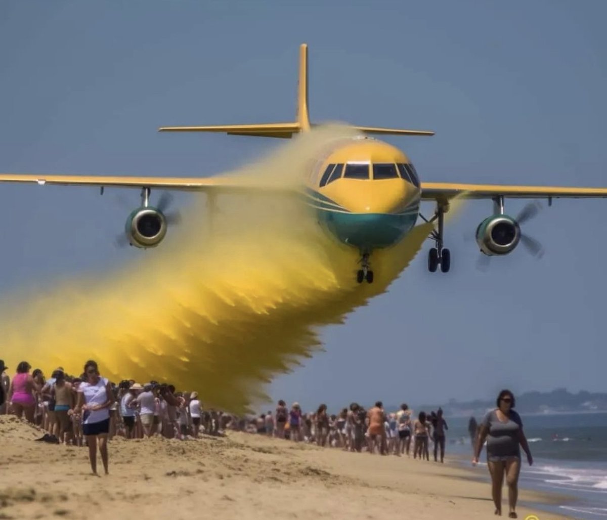 Photo of the Day: C130 Hercules drops 80.085 tons of Ionised Droplets Improvement Of Thoughts gas on Brighton beach, the gas is mixed with yellow snow to help sunbathers cool off during the #heatwaveuk 

Photographed from a Canberra #Heatwave #Hot