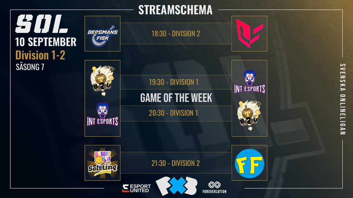 RIVALSLEAGUELOL's tweet photo. ⚔ Streamschema 10 September Division 1-2 ⚔

• 18:30 Div 2
@BergmansFisk  🆚 @LightsideSWE [Darkside]

🔥 GAME OF THE WEEK 🔥
• 19:30 &amp; 20:30 Div 1
@Bardicted2U 🆚 @INT_ESPORTS_LOL

• 21:30 Div 2
#SOLsting 🆚 #FrittFall

👇18:15 live på:
📺 https://t.co/zpBD6tZa2O https://t.co/Fj8SD3RTcK