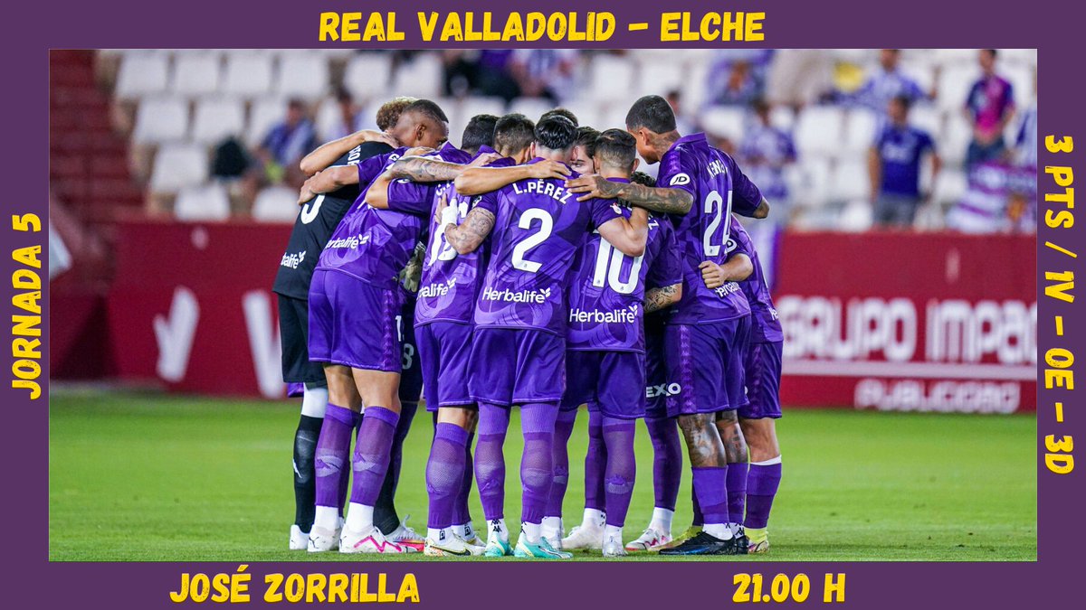 Fantasy_RV's tweet photo. ⚽️💜 DÍA DE PARTIDO, HOY JUEGA EL REAL VALLADOLID EN ZORRILLA ‼️

📊 3 puntos. 1V - 0E - 3D

🆚 Elche 

🏟 José Zorrilla

⏰ 21.00 horas

🤝🏻 El último encuentro liguero finalizó con derrota (2-0) ante el Albacete

⭐️ Iván Sánchez. 31 puntos SofaScore https://t.co/YcBCLK6ReM