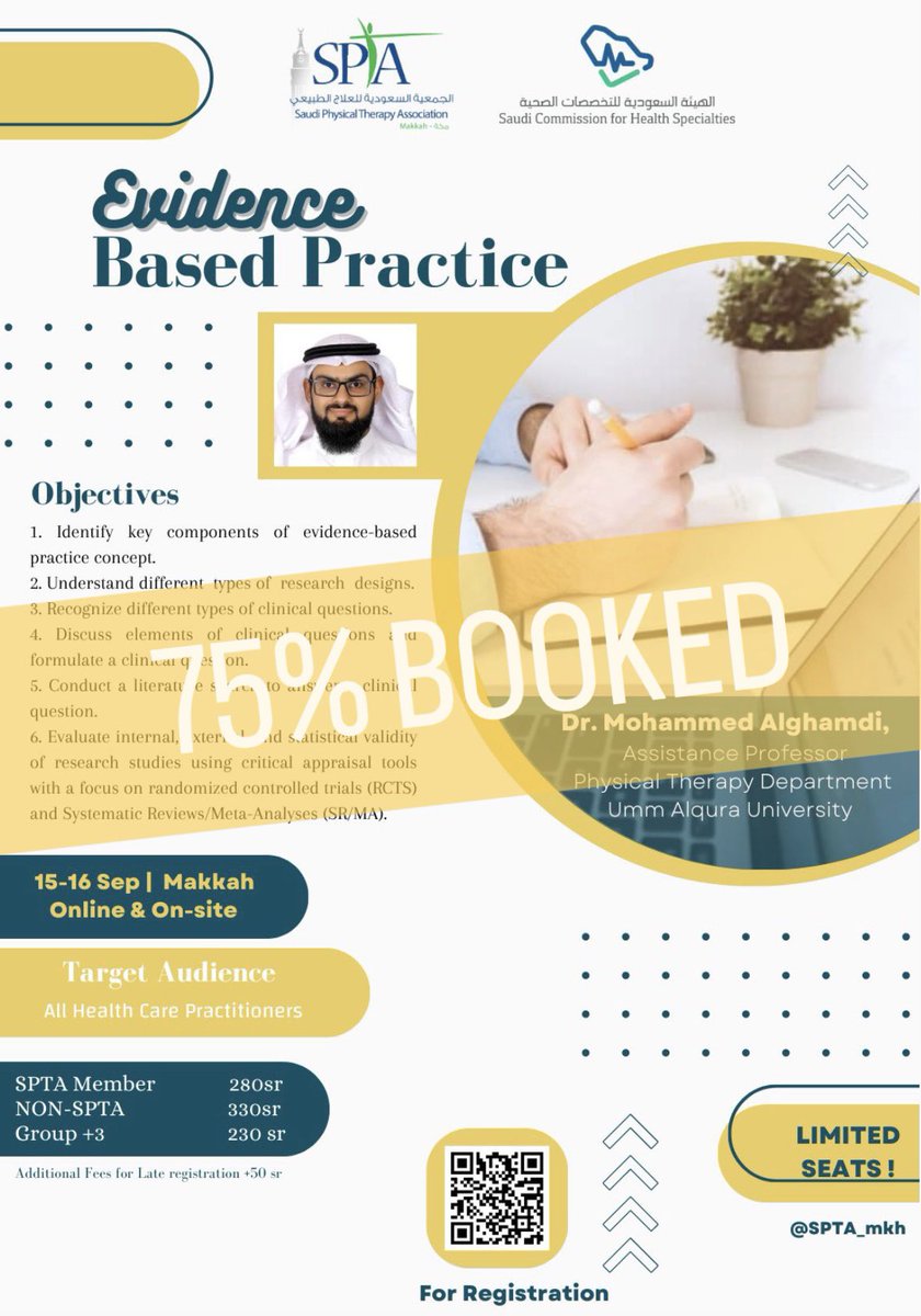 #سبتا_مكة
نحيطكم علماً بانه قد تم حجز
٧٥٪ من مقاعد ورشة العمل المقدمة
حضورياً
Evidence Based Practice

للاستشاري المتميز
الدكتور/محمد الغامدي 
<a href="/msghamdi16/">محمدالغامدي|Mohammed Alghamdi</a> 

🗓️ الجمعة والسبت| 15-16 سبتمبر

يتاح التسجيل حضورياً في مكة
وعن بعد (ZOOM) 

المقاعد محدودة ✨