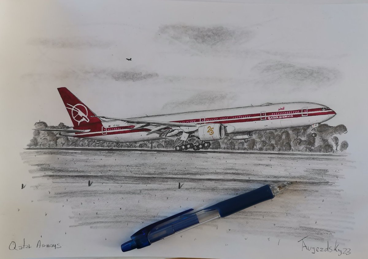 AujezdskyT31991's tweet photo. Another drawing of a Boeing 777 in the colors of the 25th anniversary of Qatar airways.  I have another drawing this time of a Boeing 777 in Qatar airways 25th anniversary livery.👍✈️🇶🇦#qatar #Aircraft #drawing #photo #work @qatarairways @BoeingAirplanes https://t.co/H7T5JBmJKx