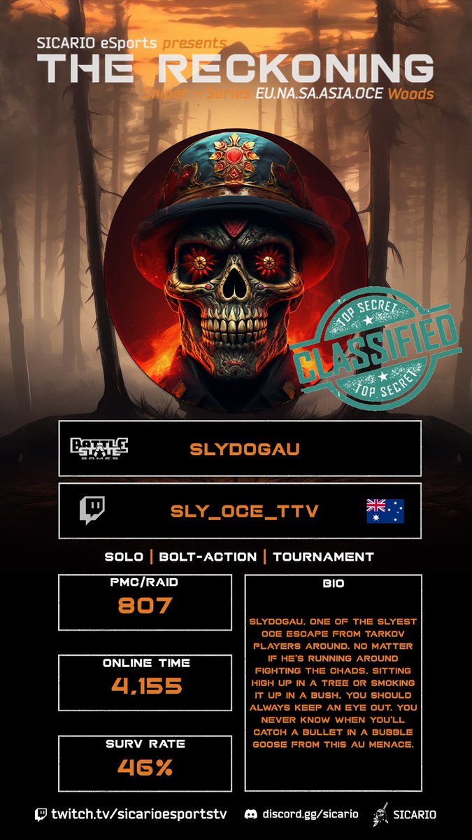 A big Thankyou to <a href="/Sicario_eSports/">Sicario eSports™️</a> for choosing this old dog for The Reckoning Sniper Tournament. I'll be up against some of OCE's top EFT players. Stream will be up on  😄 Kick.com/slydogau so drop in chat, chill and enjoy the action, September 30th 7pm AEST. Cheers