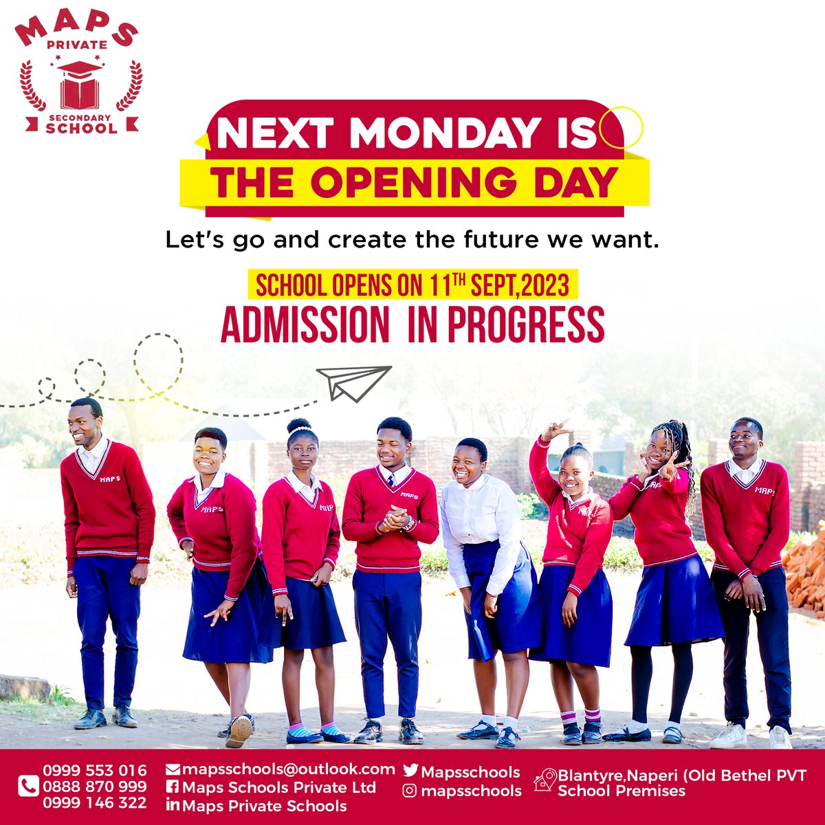 mapsschools's tweet photo. It's Tomorrow, let's start together.
For more info, call:  +265 999 553 016/ +265 888 870 999/ +265 999 146 322.
#choosemaps #mappingacademicexcellence #secondaryeducation #qualityeducation #enrollnow #11september #greatresults https://t.co/aTq39o1Dl3
