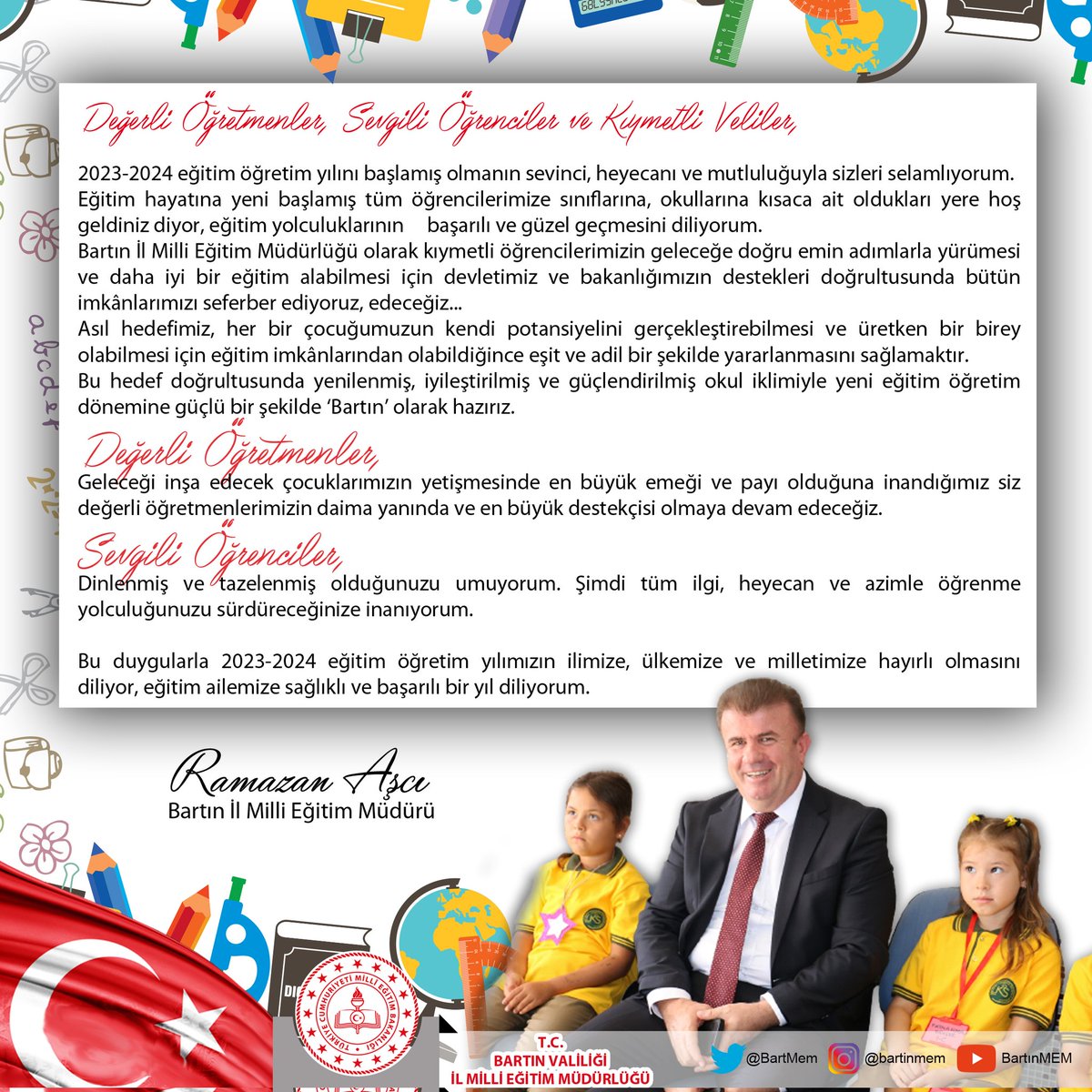 İl Millî Eğitim Müdürümüz Sayın Ramazan Aşcı'nın 2023-2024 Eğitim Öğretim Yılı Mesajı.