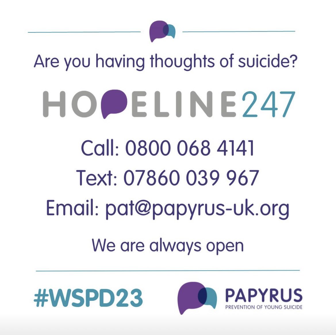 Today is #WorldSuicidePreventionDay.

Please take the time to share this post

Your outreach might be the lifeline someone desperately needs.Together, we can help save lives.Let's break the silence and stigma surrounding suicide. 💜

#WSPD #WSPD23 #SuicidePrevention #WeArePAPYRUS