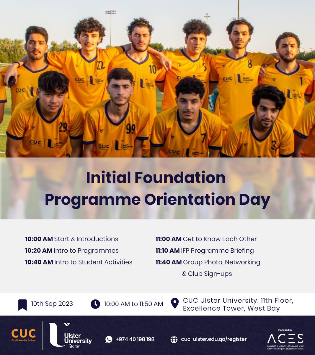 Welcome to all our new IFP students joining CUC Ulster University today! Have a look at our orientation day schedule. See you there!

Looking forward to seeing all of you on campus!!

#StudyInQatar #CUCUlster #WeBuildCareers #UniversityOfTheFuture #InternationalStudents #Doha…