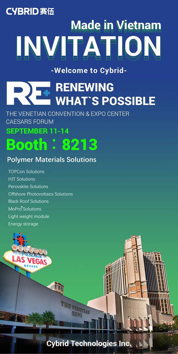 CybridSaiwu's tweet photo. Visit us at booth no. 8213 during #replus23 expo, #lasvegas , #NV to check out our innovative #Polymer #materials and how they are benefitting #Solar PV #Industry

#Cybrid #MoPro #renewableenergy #sun #Backsheet #Encapsulants #topcon #HJT #perovskite https://t.co/EfAsBIkzcf