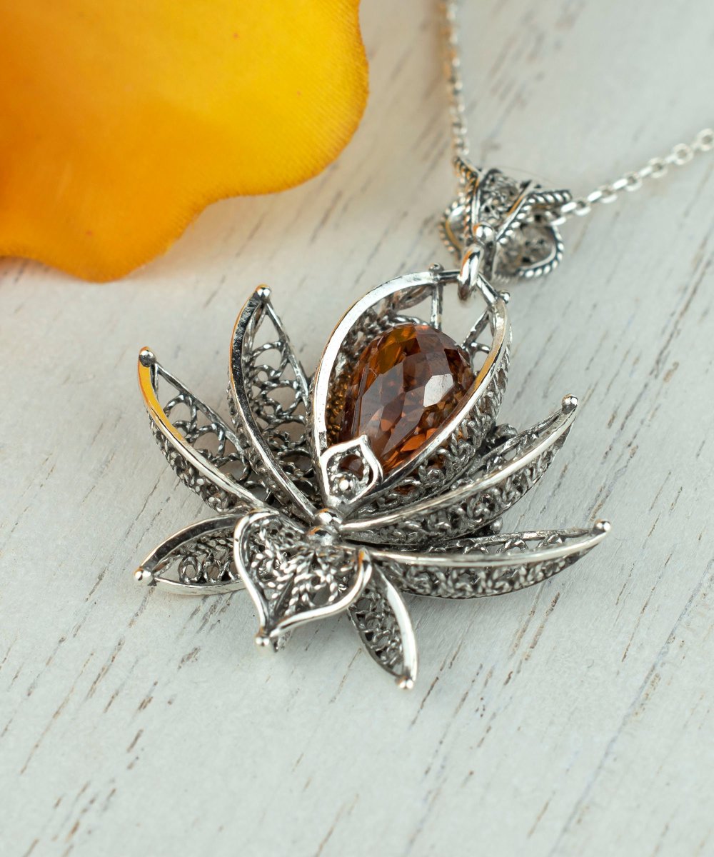 925 Sterling Silver Filigree Art Women Orange Quartz Lotus Flower Pendant Necklace, 18'+2' Silver Chain Option, Gift Boxed tuppu.net/e33db3cb #filigreejewelry #Filigranist #silverjewelry #HandmadePendant