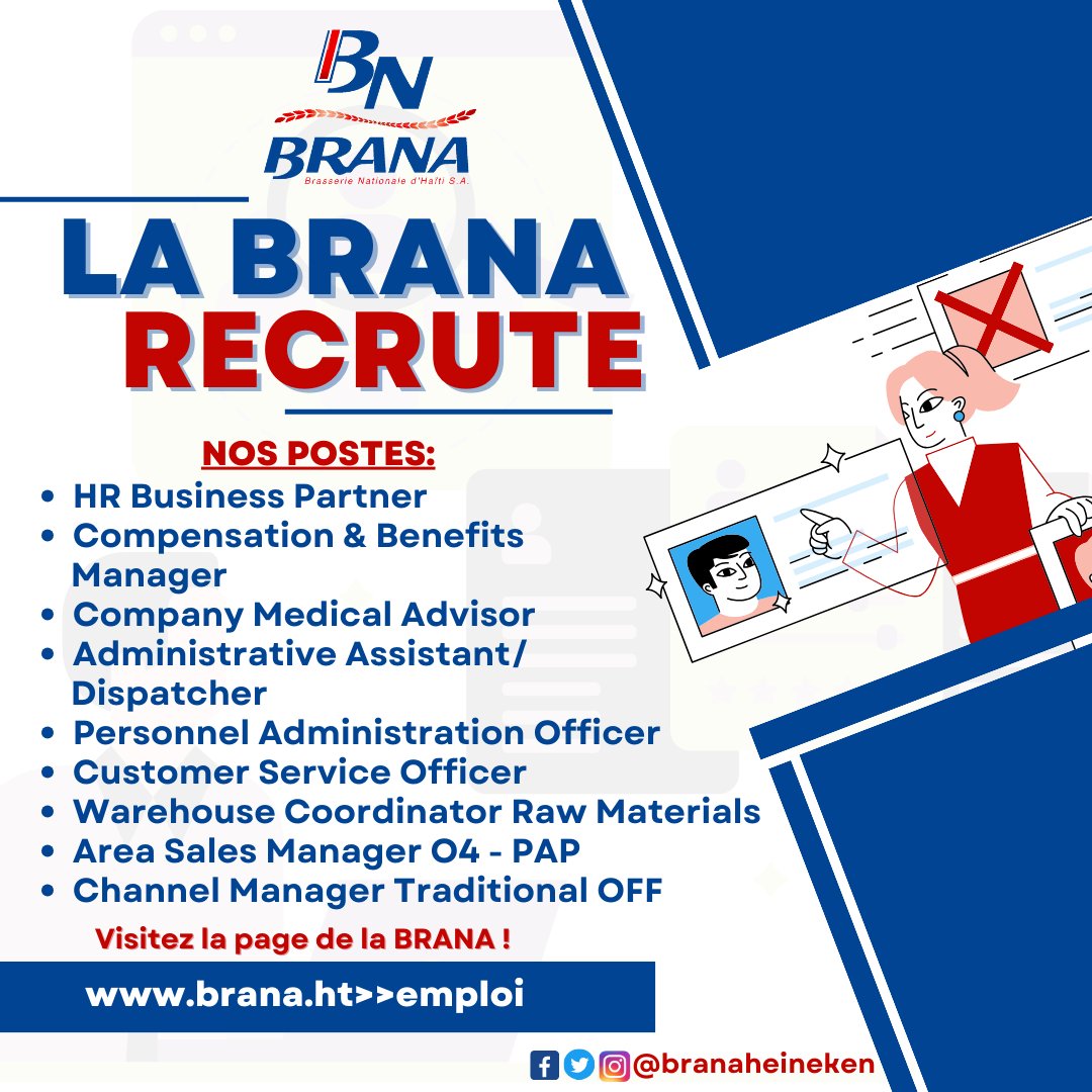 La BRANA recrute, visitez notre site web brana.ht et cliquez sur l'onglet 'emploi' pour postuler.

N.B.: Merci de postuler uniquement sur notre site internet.

#BRANAemploi
#RejoignezNous
#EmployerofChoice