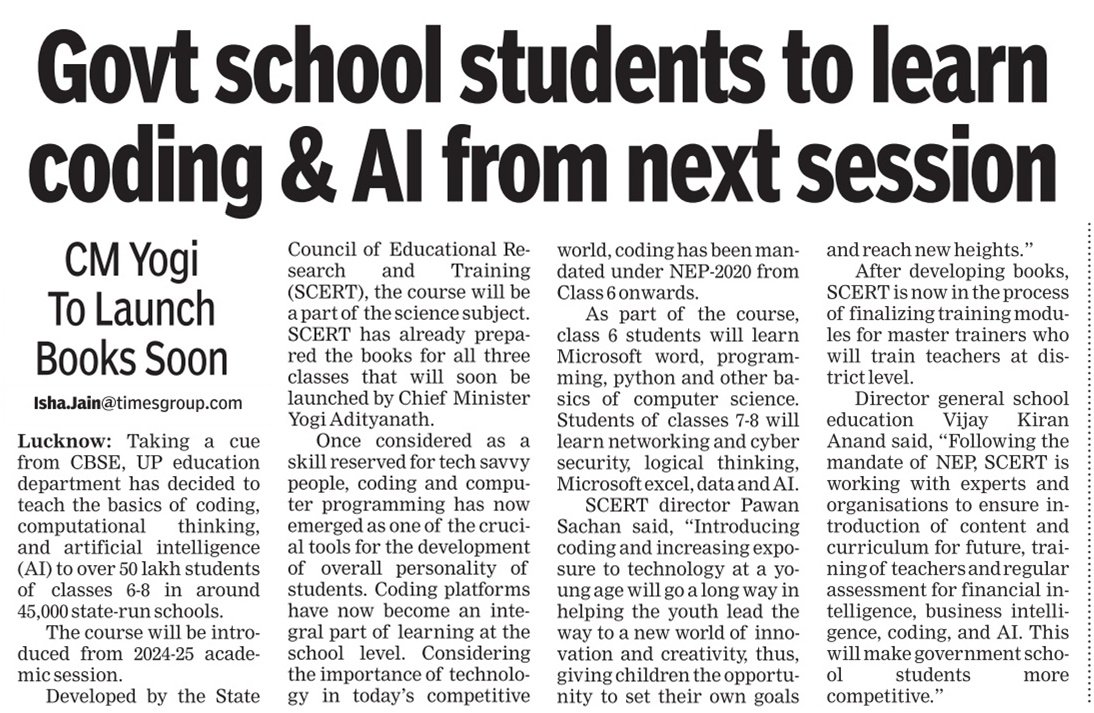 basicshiksha_up's tweet photo. Kids of UP Schools will learn coding & AI. The course will be introduced from 2024-25 academic session.
#UPBasicEducationModel #3yearsofNEP
@UPGovt @CMOfficeUP @thisissanjubjp https://t.co/DMrxurS5hh