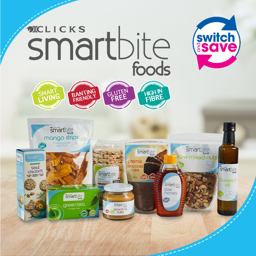 Clicks_SA's tweet photo. Make the SMART choice when you shop our variety of gluten free foods, raw foods, superfoods, snacks with less than 100 calories or no added sugar.

💙 Our Smartbite range has it all!

Available in store or online now. -> https://t.co/CHPh8r9KLc

#SmartBite #HealthyLifestyle https://t.co/maqntk9XtE