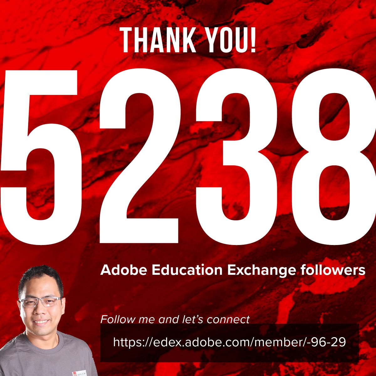 Celebrating small wins!
Thank you to the 5230+ followers in Adobe Education Exchange.
Let's start connecting and learning from each other.
Keep on building a better #creativenationph for we are #bettertogether.
Yours truly, #ccevangelistph #fatheraceph #AdobeEduCreative