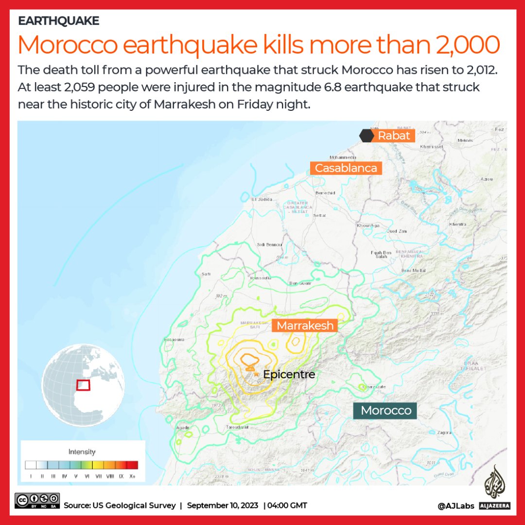 AJEnglish's tweet photo. Morocco's earthquake death toll surpasses 2,000 people as rescue efforts intensify and the Moroccan government declares three days of national mourning.

🔴 Follow our LIVE coverage: https://t.co/aNsYGEzNKa https://t.co/HTiQo1akAG