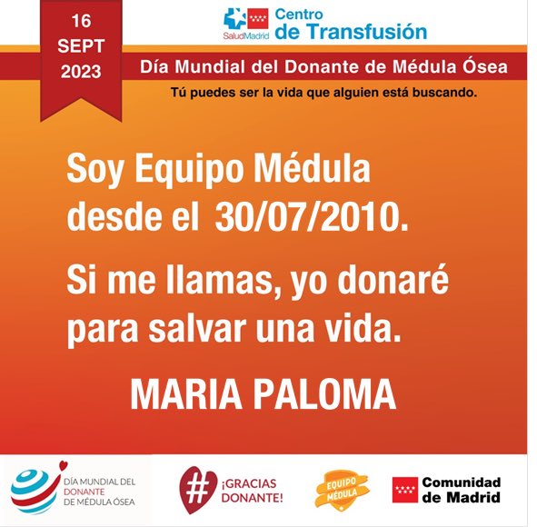 PBarja's tweet photo. ❤️#soydonante Necesitamos donantes de #médulaósea.
✅En torno a 100 madrileños/año necesitan un trasplante de #médula y no tienen familiar compatible. Puedes ser tú.
¡Únete al #EquipoMédula! #WMDD2023 #DMDMO2023
ℹ️ Más info: https://t.co/2EK2Vs0Atz https://t.co/HmLGBBG0SZ