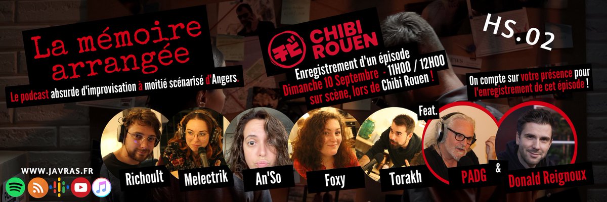 On est au @chibirouen et on vous donne rdv devant la grande scène Odoru, ce dimanche à 11h pour un nouvel épisode de #LaMemoireArrangee avec en guest @padg_officiel et @donaldreignoux !

#Javras #sagamp3 #fictionaudio #Podcast #Gratuit #Sagasphere #FeuilletonRadiophonique