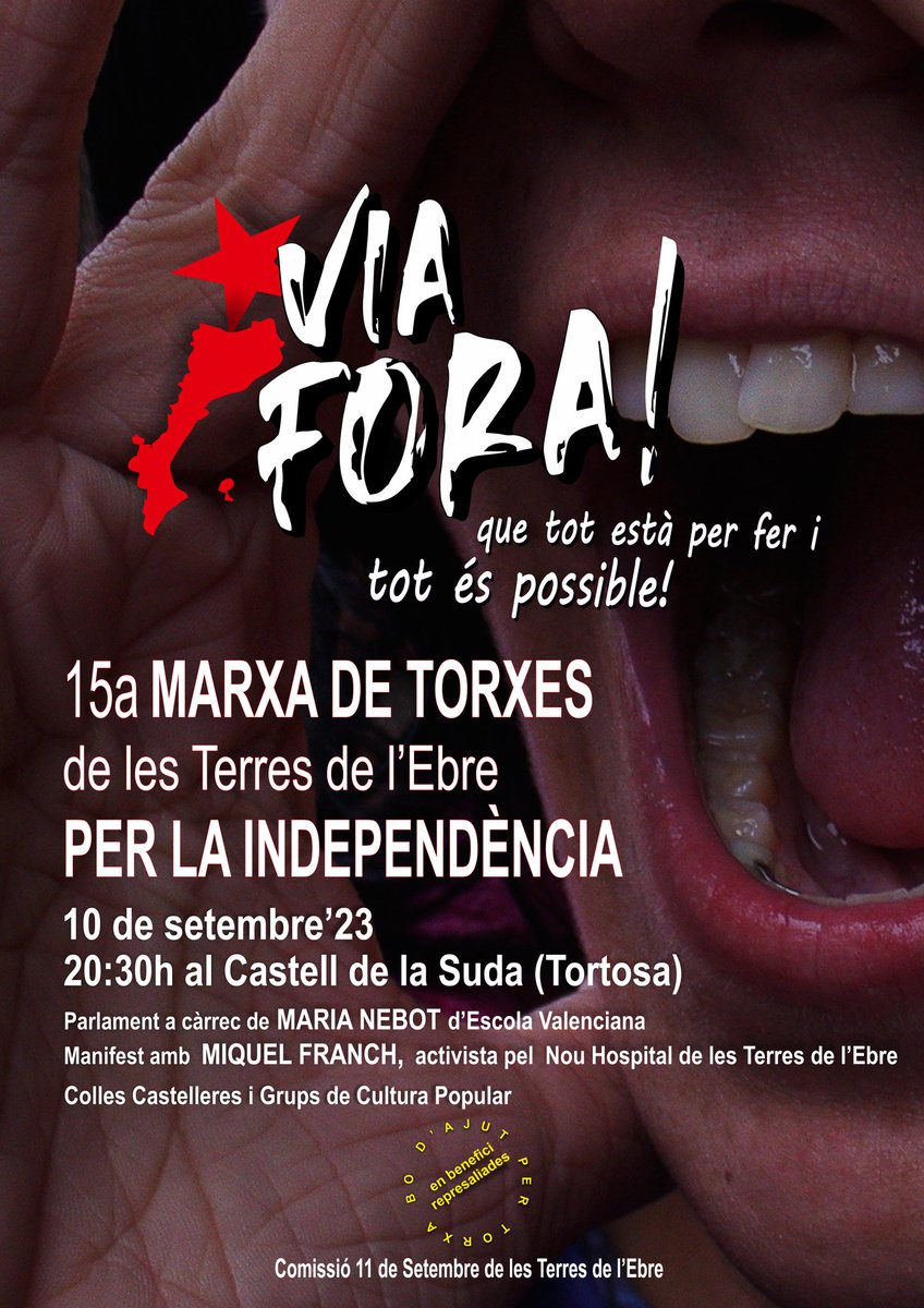 📢AVUI, MARXA DE TORXES!!!
Recordeu que a les 20:30h comença la marxa de torxes per la independència des del castell de la Suda, a #Tortosa.
No et quedes sense torxa i puja una mica abans.
Retornem als carrers i VIA FORA!Que tot està per fer i tot és possible!!!✊🔥✊🔥✊🔥✊🔥